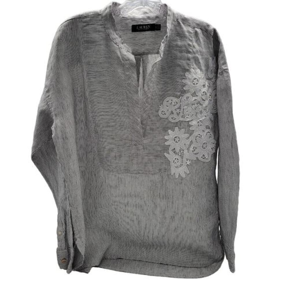 Lauren Ralph Lauren Linen LRL Monogram Applique Long Sleeve Blouse Womens Sz  LG